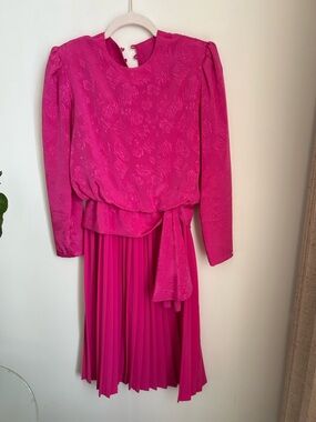 Silhouette Hot Pink Long-Sleeve Pleated Waist-Tie Formal Dress